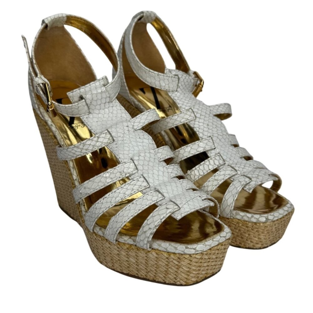 Sergio Zelcer White Snake Wedge Sandals Size 6‎ Womens Open Toe Raffia Platform